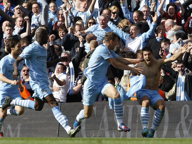 Man City players celebrate their last-gasp title win in 2012