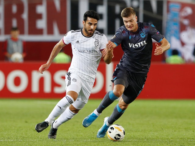 Trabzonspor's Alexander Sorloth in action with Basel's Eray Comert in the Europa League on October 3, 2019