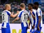 Hertha Berlin players celebrate scoring against Union Berlin in the derby on May 22, 2020