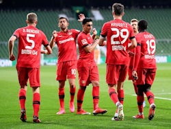 Bayer Leverkusen celebrate Kai Havertz's second goal against Werder Bremen on May 18, 2020