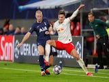 Tottenham's Eric Dier and Leipzig's Patrik Schick battle for possession in the Champions League in March 2020