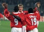 Manchester United trio David Beckham, Andy Cole and Dwight Yorke celebrate a goal against Juventus in April 1999