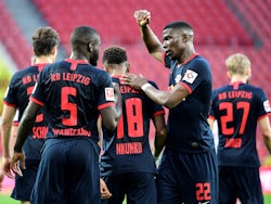 RB Leipzig players celebrate scoring against Koln on June 1, 2020