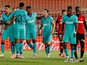 Barcelona players celebrate scoring against Mallorca on June 14, 2020
