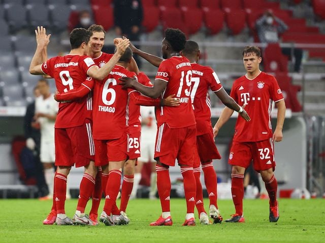 Bayern Munich players celebrate scoring against Eintracht Frankfurt in the DFB-Pokal semi-finals on June10, 2020