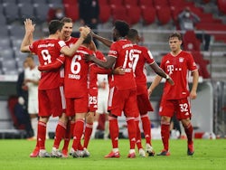 Bayern Munich players celebrate scoring against Eintracht Frankfurt in the DFB-Pokal semi-finals on June10, 2020