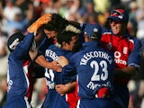 England players celebrate beating Australia in a T20 in 2005