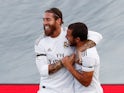 Real Madrid captain Sergio Ramos celebrates with Eden Hazard after scoring on June 14, 2020