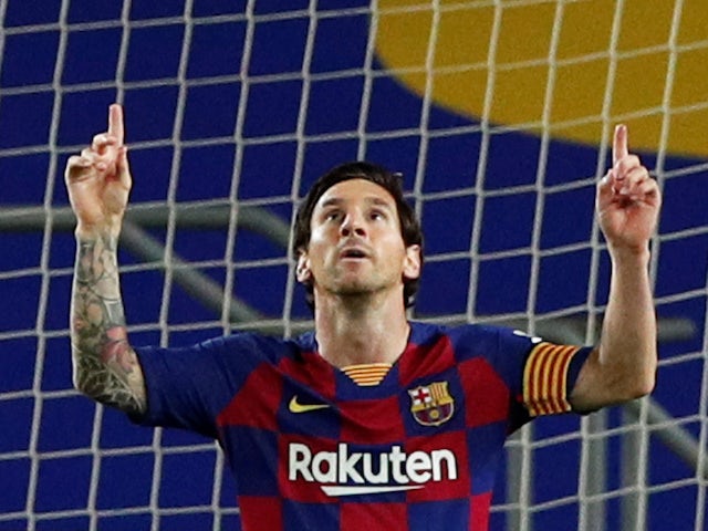 Barcelona's Lionel Messi celebrates scoring on June 16, 2020