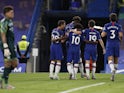 Chelsea players celebrate Willian's goal against Manchester City on June 24, 2020