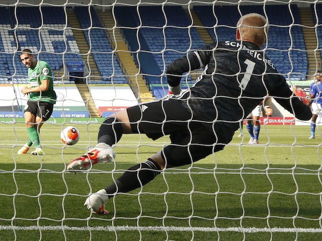 Leicester City's Kasper Schmeichel saves a penalty from Brighton & Hove Albion's Neal Maupay on June 23, 2020