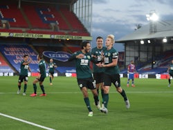 Burnley players celebrate Ben Mee's goal against Crystal Palace on June 29, 2020