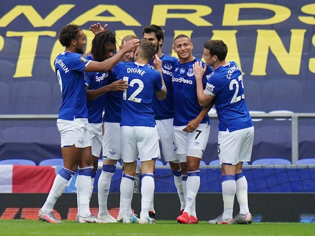 Everton forward Richarlison celebrates with teammates after scoring against Leicester on July 1, 2020