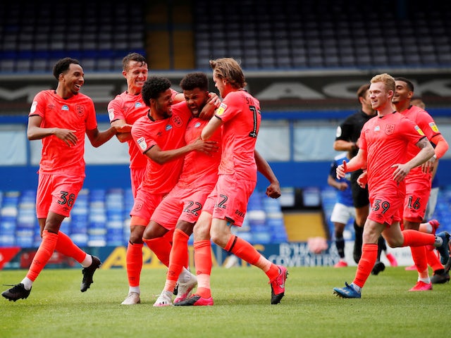 Huddersfield Town's Fraizer Campbell celebrates scoring against Birmingham on July 1, 2020