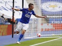 Leicester City striker Jamie Vardy celebrates scoring on July 4, 2020