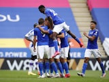 Leicester City players celebrate Jamie Vardy's 100th Premier League goal after scoring against Crystal Palace on July 4, 2020