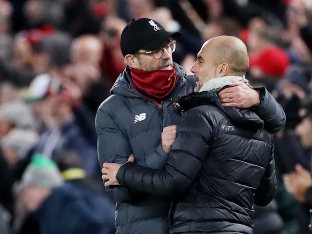 Liverpool manager Jurgen Klopp and Manchester City counterpart Pep Guardiola pictured after their Premier League clash in November 2019