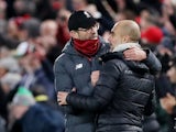 Liverpool manager Jurgen Klopp and Manchester City counterpart Pep Guardiola pictured after their Premier League clash in November 2019