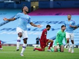 Manchester City's Raheem Sterling celebrates scoring against Liverpool on July 2, 2020