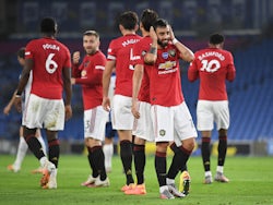 Manchester United midfielder Bruno Fernandes celebrates scoring against Brighton & Hove Albion on June 30, 2020