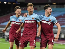 Andriy Yarmolenko celebrates scoring for West Ham United against Chelsea on July 1, 2020