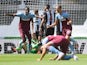 West Ham United's Tomas Soucek and Issa Diop celebrate a goal against Newcastle on July 5, 2020