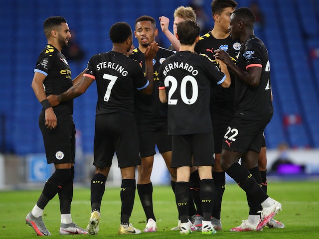 Manchester City's Raheem Sterling celebrates scoring against Brighton & Hove Albion in the Premier League on July 11, 2020
