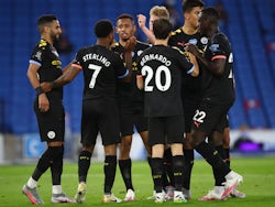 Manchester City's Raheem Sterling celebrates scoring against Brighton & Hove Albion in the Premier League on July 11, 2020