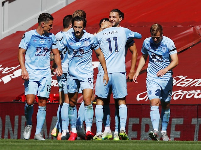 Burnley players celebrate Jay Rodriguez's equalising goal against Liverpool on July 11, 2020