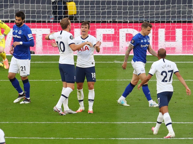 Tottenham Hotspur players celebrate an Everton own goal on July 6, 2020
