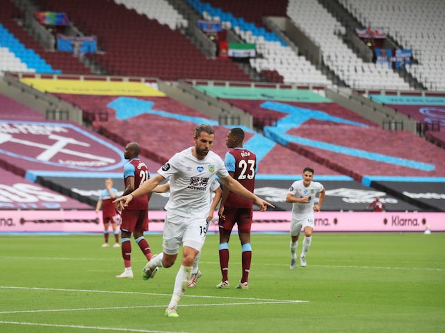 Burnley's Jay Rodriguez celebrates scoring against West Ham United in the Premier League on July 8, 2020