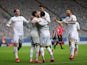 Leeds United players celebrate during their victory over Stoke on July 9, 2020