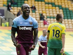 West Ham United's Michail Antonio celebrates scoring against Norwich City in the Premier League on July 11, 2020