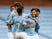 Manchester City midfielder David Silva celebrates with teammates after scoring against Newcastle on July 8, 2020