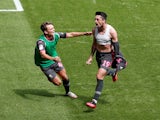 Leeds United's Pablo Hernandez celebrates scoring against Swansea City in the Championship on July 12, 2020