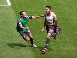 Leeds United's Pablo Hernandez celebrates scoring against Swansea City in the Championship on July 12, 2020