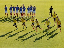 Oxford United players celebrate winning the penalty shootout against Portsmouth in the League One playoff semi-finals on July 6, 2020