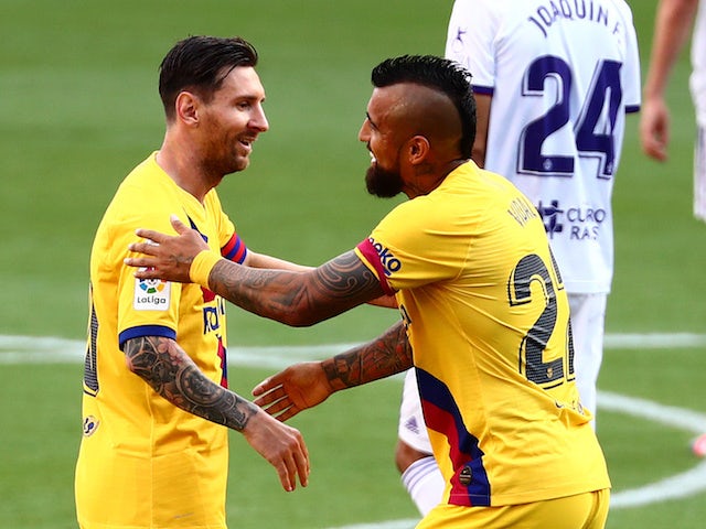 Barcelona's Arturo Vidal celebrates scoring against Real Valladolid in La Liga on July 11, 2020