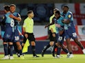 Wycombe Wanderers players celebrate winning the League One playoff semi-final against Fleetwood Town on July 6, 2020