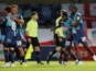 Wycombe Wanderers players celebrate winning the League One playoff semi-final against Fleetwood Town on July 6, 2020