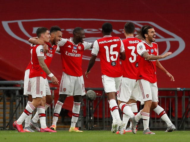 Arsenal striker Pierre-Emerick Aubameyang celebrates scoring against Manchester City on July 18, 2020