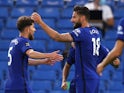 Chelsea striker Olivier Giroud celebrates scoring against Norwich City on July 14, 2020