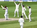 England players unsuccessfully appeal for a wicket against West Indies on July 19, 2020
