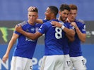 Leicester players celebrate Ayoze Perez's goal against Sheffield United on July 16, 2020
