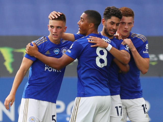 Leicester players celebrate Ayoze Perez's goal against Sheffield United on July 16, 2020