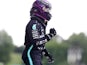 Lewis Hamilton celebrates after qualifying in pole position at the Hungarian Grand Prix