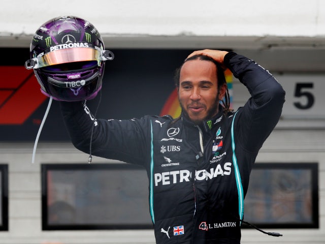Lewis Hamilton celebrates winning the Hungarian Grand Prix on July 19, 2020