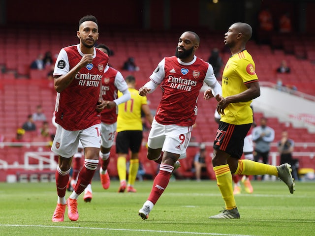 Arsenal's Pierre-Emerick Aubameyang celebrates scoring against Watford in the Premier League on July 26, 2020