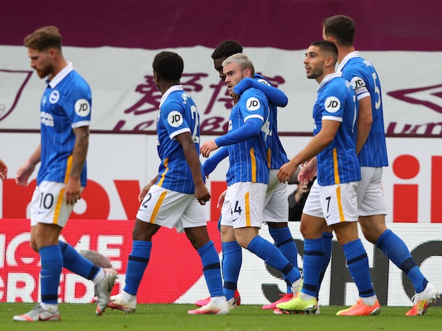 Brighton & Hove Albion players celebrate Aaron Connolly's goal against Burnley on July 26, 2020