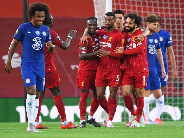 Liverpool players celebrate Georginio Wijnaldum's goal against Chelsea on July 22, 2020